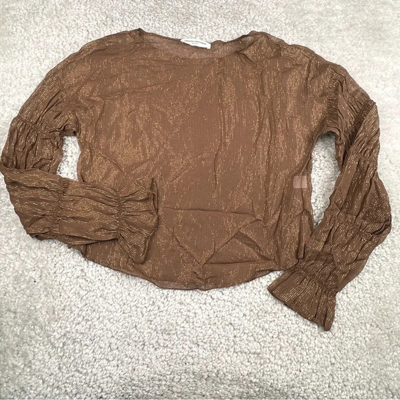 Amanda Uprichard Silk Blouse. Harvest Brown Metallic Gold. Semi Sheer. - Picture 3 of 11